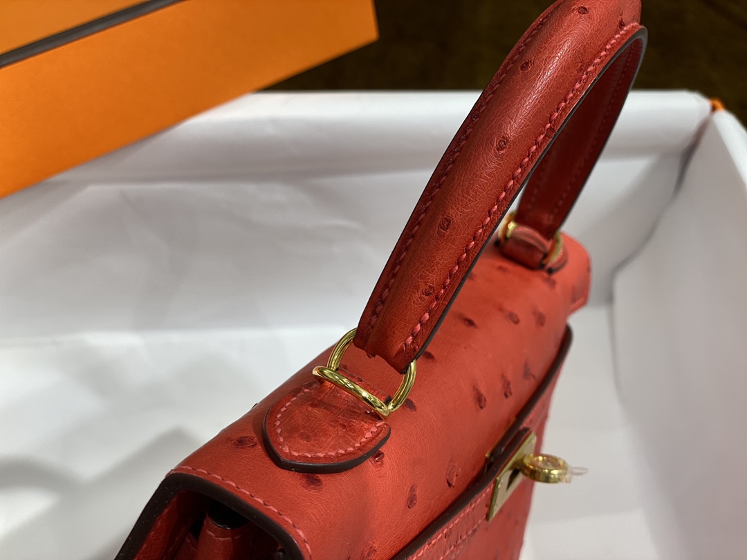 Hermes Kelly 25cm Handbag Shoulder Bag in Feu Orange Ostrich Leather